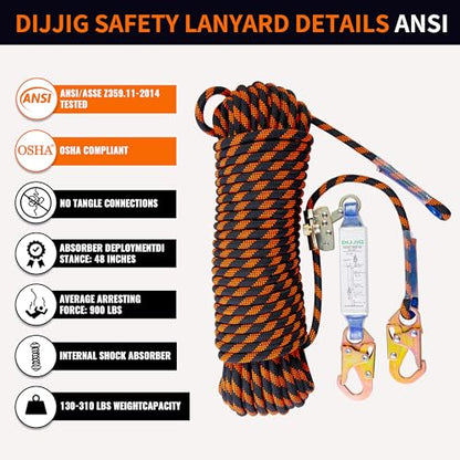 DIJJIG Rope Harness Safety Lanyard 25ft Vertical Roofing Rope With Grab Snap Hooks Shock Absorber Fall Protection Tree Climbing Line Kit Heavy Duty Roof Safety Equipment ANSI CE - style: 25ft