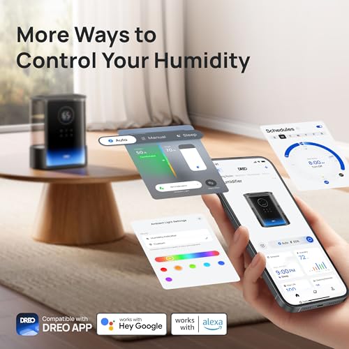 DREO 8L Smart Humidifier Large Room, 80H Runtime, Warm & Cool Mist, HM717S | Up to 600ft², Precise Humidity Control, 1500+RGB Light, 28dB, Humidifiers for Bedroom, Plants, Baby, Supports APP/Voice/Alexa - color: Black