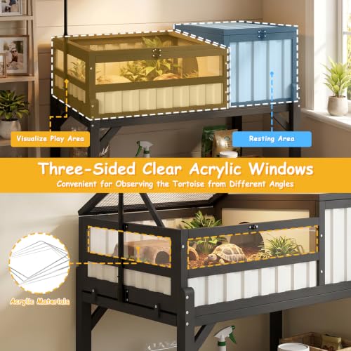 PetsCosset Indoor Tortoise Enclosure Elevated Tortoise Table with UVB Lamp Stand & Storage Shelf, Two-Room Reptile Habitat with PVC Anti-Glare Panel for Sulcata Russian Hermann’s Tortoise - size: 39.0"L x 22.8"W x 33.1"H