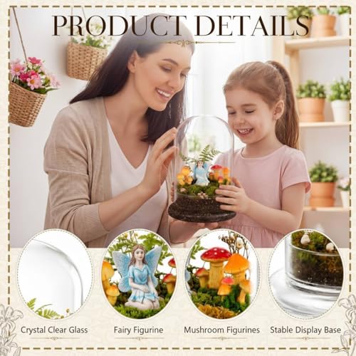 Hushee 5 Pack Decorative 1 Glass Cloche Dome 8.2'' x 5.9'' with 3 Mushroom & 1 Fairy Figurines Closed Mini Terrarium Glass Cloche with Base for Desk Small Plant Indoor Miniature Tabletop - No Plants - size: 8.2'' X 5.9''