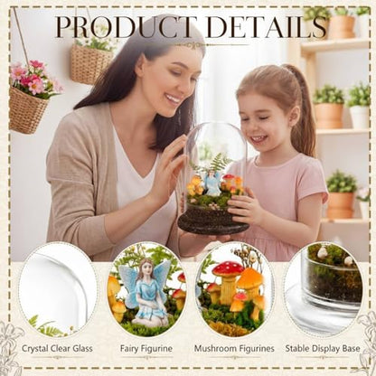 Hushee 5 Pack Decorative 1 Glass Cloche Dome 8.2'' x 5.9'' with 3 Mushroom & 1 Fairy Figurines Closed Mini Terrarium Glass Cloche with Base for Desk Small Plant Indoor Miniature Tabletop - No Plants - size: 8.2'' X 5.9''