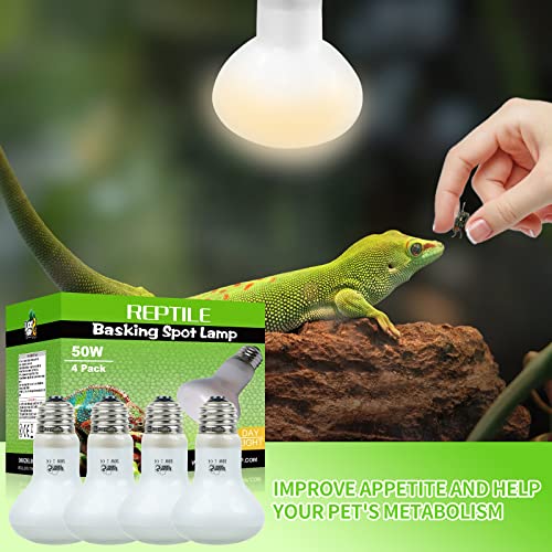 LUCKY HERP 4 Pack 50W Reptile Heat Lamp Bulb (2nd Gen), Amphibian Basking Light Bulb, Reptile Daylight Bulb for Turtle, Bearded Dragon, Lizard Heating Use - size: 50