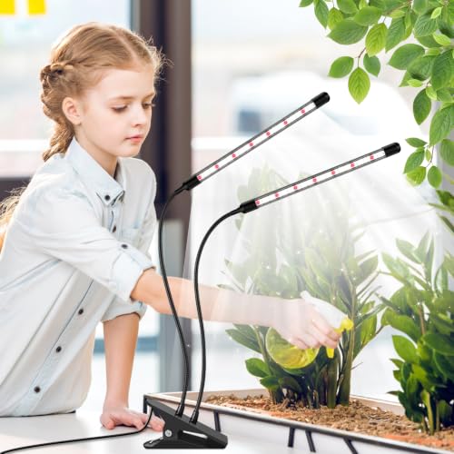 SDOVUERC Full Spectrum Grow Lights for Indoor Plants, Dual-Head Plant Lamps with Clips and 5 Dimmable Level and 6/12/18H Timer for Indoor Plant Growing. - size: 2 Heads