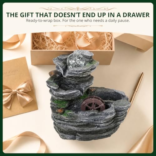Tabletop Water Fountain, Resin Water Wheel, LED Light,Soothing Sound | Circulating water flow; indoor décor accent; planter space; easy on/off switch; calming desktop centerpiece,Ambient Light