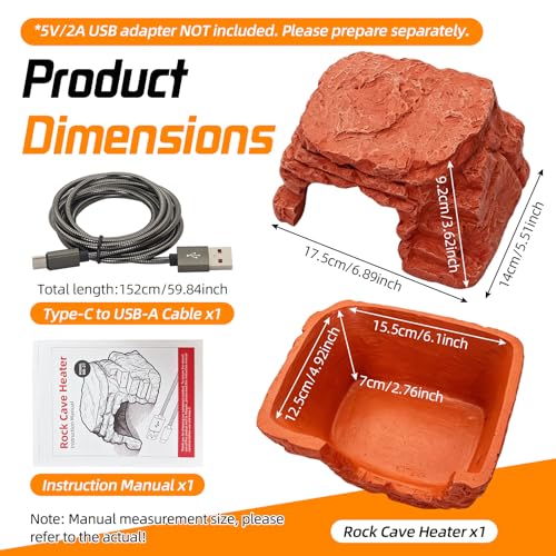 Heated Reptile Hide Cave USB 5V/2A Thermostat Heating Rock | Bearded Dragon Leopard Gecko Ball Python, Reptile Cave Heater with Natural Resin Rock Texture for Terrarium Shelter