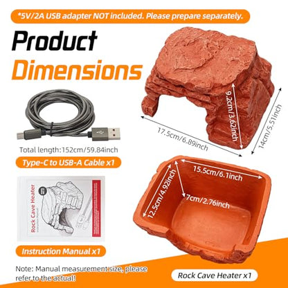 Heated Reptile Hide Cave USB 5V/2A Thermostat Heating Rock | Bearded Dragon Leopard Gecko Ball Python, Reptile Cave Heater with Natural Resin Rock Texture for Terrarium Shelter