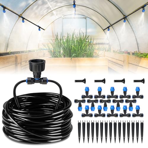 HIRALIY 59FT Drip Irrigation Kit, Quick-Connect Garden Watering System | with 15 Adjustable Misting Nozzles and 1/4 in Tubing for Greenhouse, Hanging Plants, Raised Beds & Patio Containers - size: 59 feet