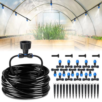HIRALIY 59FT Drip Irrigation Kit, Quick-Connect Garden Watering System | with 15 Adjustable Misting Nozzles and 1/4 in Tubing for Greenhouse, Hanging Plants, Raised Beds & Patio Containers - size: 59 feet