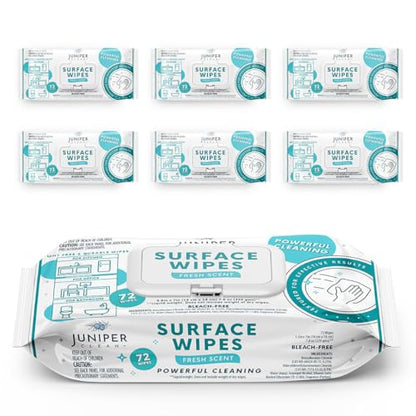Juniper CLEAN 6 Pack Surface Cleaning Wipes Bleach Free, All-Purpose Cleaner for Bathroom, Kitchen, Office, 72 Count Soft Flow, Fresh Scent, Lint Free & Durable - size: 72 Count (Pack of 6)