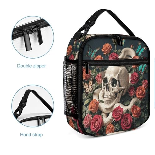 Skeleton Rose Bush Snake And Butterfly Insulated Lunch Bag for Women Men Large Capacity Reusable Lunch Box Leak-Proof Cooler Tote with Front Pocket for Office, Work, Picnic, Travel