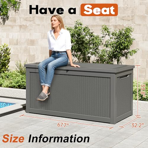 Outdoor Storage Box, Resin Deck Boxes Indoor and outdoor, Waterproof Storage Box Lockable Lid Grey,260 Gallon - color: Rattan Grey, style: 260 Gallon