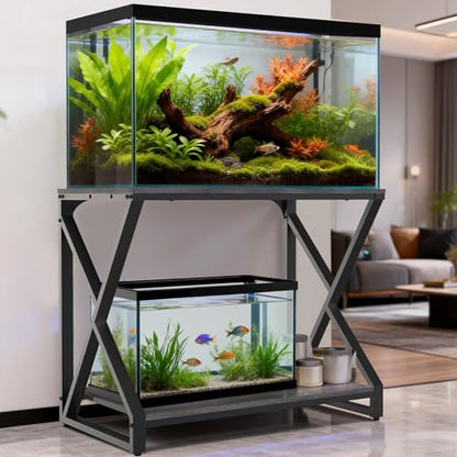 fishkeeper Heavy Duty Metal 50 Gal Aquarium Stand, 36" Lx20 Wx29 H, 720LBS | High Load-Bearing Capacity Fish Tank Stand, 2-Tier Storage Shelves for Reptile/Turtle/Terrarium/Breeder Tank Stand - size: 50 Gallon Without Power Outlet