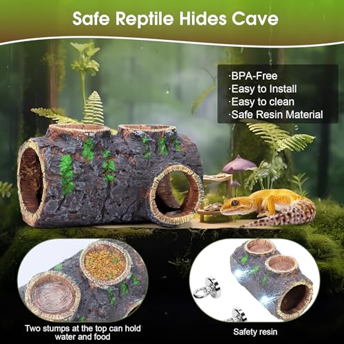 MECESOR Magnetic Reptile Hide with Waterer & Feeder Trough,Resin Hollow Tree Gecko Hideout Cave,Non-Toxic Climbing Toy Terrarium Decor for Green Anole,Tree Frog Climbing Accessories,Grey