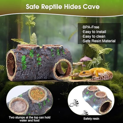 MECESOR Magnetic Reptile Hide with Waterer & Feeder Trough,Resin Hollow Tree Gecko Hideout Cave,Non-Toxic Climbing Toy Terrarium Decor for Green Anole,Tree Frog Climbing Accessories,Grey