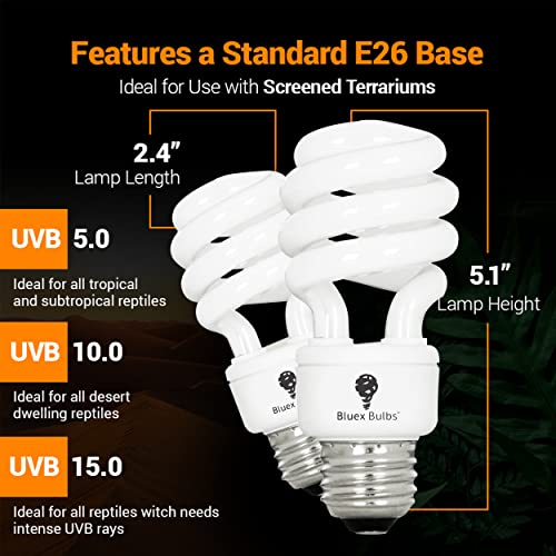 Bluex Bulbs 2 Pack 13-Watt Reptile Light - Intense UVA/UVB, 15.0 UVB, Compact Florescent, Suitable for Desert Reptiles & Amphibians, Promotes Natural Behavior, CFL Bulb - style: UVB 15.0