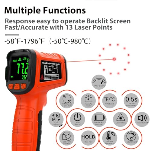 -58°F to 1796°F Infrared Thermometer Gun,Professional 50:1 | Ideal for HVAC, Engines & Equipment Inspection • 13-Point Laser Guidance • Fast 0.5s Response - color: Orange/-58°F to 1796°F