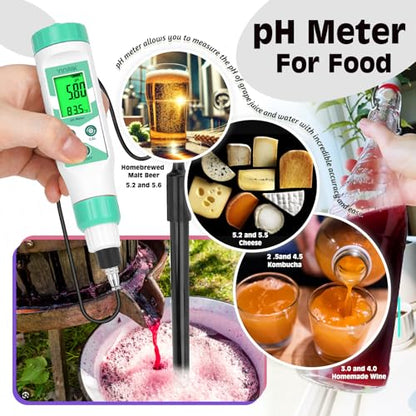 Smart pH Meter for Water, pH Measurement with pH Calibration Solution Kit | Monitor pH,pH Test Meter with 1.2 separate Electrode Cord，pH Testing for Hydroponic Setups/Fermented Canned Food/Pool