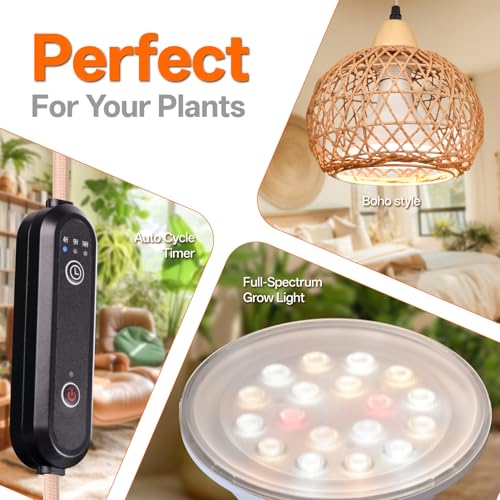 Hanging Grow Light for Indoor Plants 18W | Full Spectrum Plant Light, With 4H/9H/14H Timer, Boho Rattan Shade, 3800K Hanging Lights for Indoor Plants - size: Rattan Lantern-Hanging