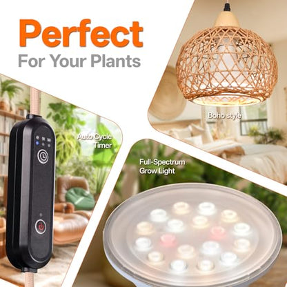 Hanging Grow Light for Indoor Plants 18W | Full Spectrum Plant Light, With 4H/9H/14H Timer, Boho Rattan Shade, 3800K Hanging Lights for Indoor Plants - size: Rattan Lantern-Hanging