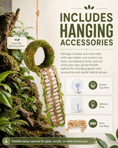 Crested Gecko Hide, Hanging Moss-Style Reptile Hideout with Rope Ladder, Crested Gecko Tank Accessories for Vertical Terrariums, 16 in Crested Gecko Decor & Gecko Tank Accessories