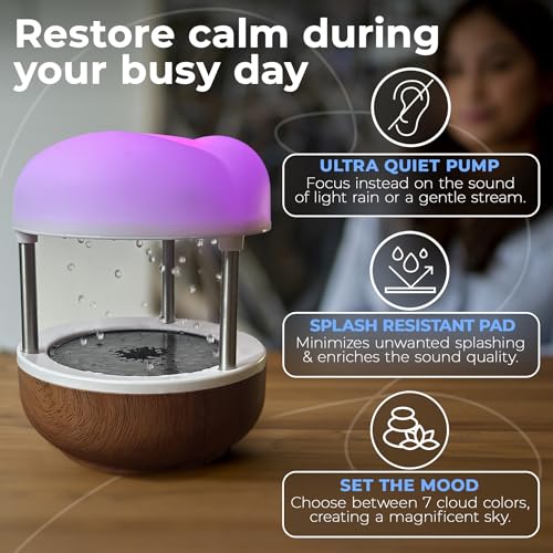 Mindsight ‘Calming Cloud’ Tabletop Water Fountain | Quiet Pump | Splash Resistant | Zen & Nature Décor | Promotes Focus, Stress Relief, Productivity, Sleep | Reminder to Pause & Reset | Desk Accessory