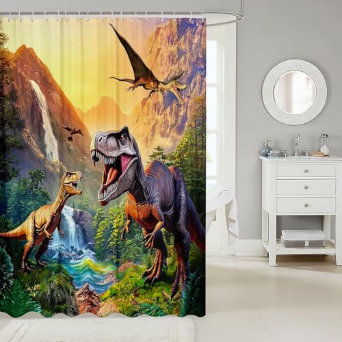 Erosebridal 3D Cartoon Dinosaur Shower Curtain for Kids Boys Adult Bathroom 72" Wx87 L Cool Ancient Animal Dino Jungle Fabric with 12 Hooks - color: Dinosaur, size: 72"W x 84"L (Pack of 1)