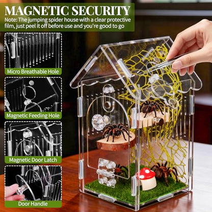 Hysagtek Jumping Spider Enclosure, Acrylic Arboreal Tarantula Enclosure Small Reptile Terrarium with Magnetic Door, Clear Jumping Spider Enclosure Accessories