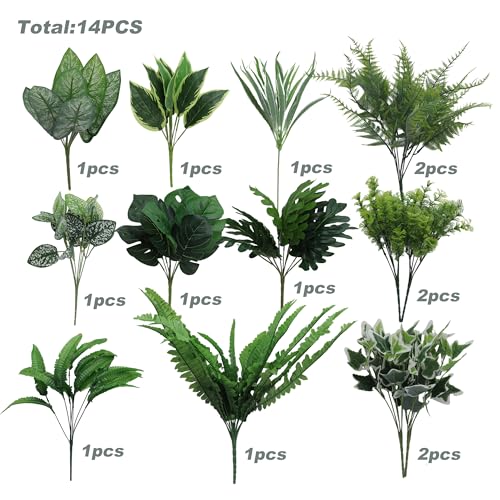 14PCS Artificial Plants Outdoor, Faux Fern Flower Greenery Stem for Outside | UV Resistant Faux Outdoor plants, Fake Shrubs Plants for Patio Garden, Front Porch, Window Box, Spring Summer Home Decor - color: Greenery