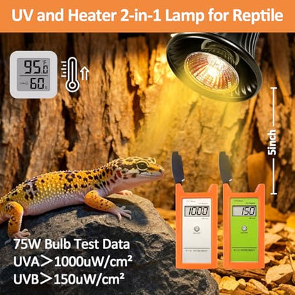 Reptile Heat Lamp, Heating Lamp for Reptiles with UVA UVB,2H,4H,8H,10H Cycle Timing&Stepless Dimming Adjustment Basking Light for Turtle, Bearded Dragon, Lizard and More, 2 Bulbs
