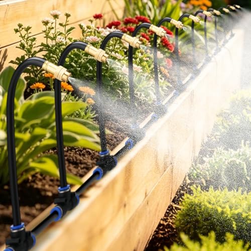 49ft Drip Irrigation System Kit for Raised Bed Plants Lawn | with 15pcs 360° Adjustable Copper Nozzle, PE Tubing, 1/2" & 3/4" Faucet Adapters, Automatic Garden Watering Sprinkler System