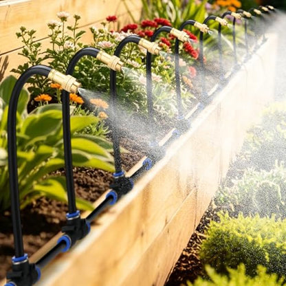 49ft Drip Irrigation System Kit for Raised Bed Plants Lawn | with 15pcs 360° Adjustable Copper Nozzle, PE Tubing, 1/2" & 3/4" Faucet Adapters, Automatic Garden Watering Sprinkler System