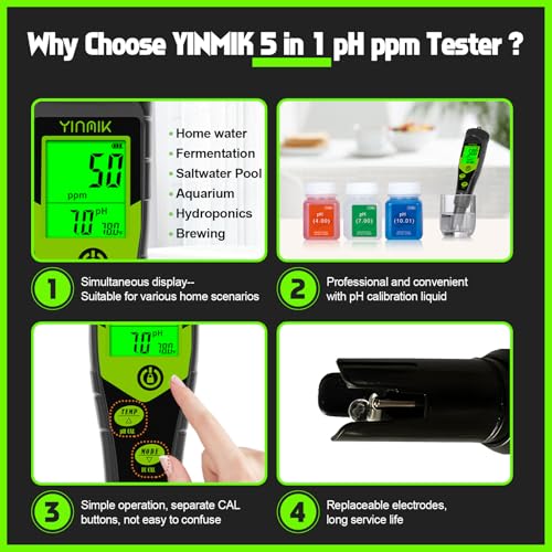 Pool Salt Tester, Digital pH TDS EC Salinity Meter with Calibration Liquid | Real-Time pH & TDS/EC/SALT Display, Ideal for Saltwater Pools, Aquariums, Hot Tubs, Spas, Hydroponics, Brewing & Pickling