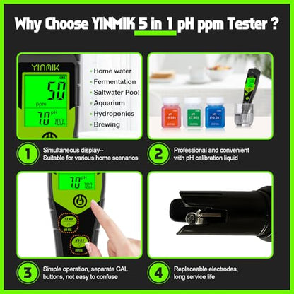Pool Salt Tester, Digital pH TDS EC Salinity Meter with Calibration Liquid | Real-Time pH & TDS/EC/SALT Display, Ideal for Saltwater Pools, Aquariums, Hot Tubs, Spas, Hydroponics, Brewing & Pickling