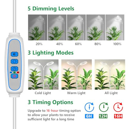 Aumtrly Large Plant Grow Light Indoor, 2 Head Full Spectrum, with 68" Stand | 168 LED, White Floor Growing Lamp for Tall Plant, 6/12/16H Timer, 5 Dimming, Adjustable Height, Flexible Gooseneck,Metal Base - size: 2 head 68inch/white