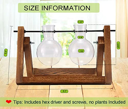 Kingbuy Glass Desktop Planter with Retro Wooden Stand, 2 Bulbs | Plant Terrarium Vase, Indoor Office Desk Decor, Accessories - size: 2 Bulb Vase