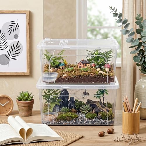 Tlence 2 Pack Critter Keeper, 12.6"x8.7"x6" Clear Plastic Enclosure Terrarium, Portable Transport Container with Feeding Bowl, Small Hatching Container with Ventilated Lid for Snake, Lizard, Gecko