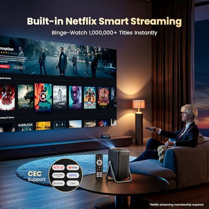 Short Throw Projector 4K Compatible with Netflix Autofocus Portable | 1500ANSI Ceiling Projector for Bedroom/Outdoor Auto focus 6D Keystone Dolby Smart Home Projector with WiFi and Bluetooth