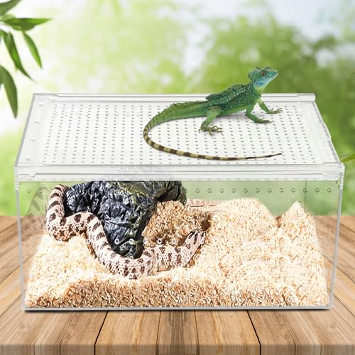 Reptile Terrarium, 12 x 8 x 6 Inch Acrylic Reptile Pet Breeding Cage with Magnetic Door, Multifunctional Clear Reptile Tank, Amphibians Feeding Box for Horned Frog, Scorpion, Spider, Snake