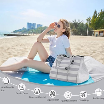 Hibala Neoprene Multipurpose Beach Bag,Gym/Travel/Pool Bag,Tote For Women&Men - color: Grey Stripe