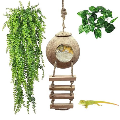 kathson Leopard Gecko Coconut Husk Hut Reptile Habitat Accessories Hideout Hole Climbing Ladder Bendable Hanging Plants Sleeping Hiding Breeding Apply to Amphibians and Small Animals