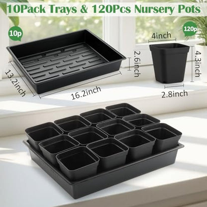 RooTrimmer 4 inch (10CM) Square Nursery Pots 120pcs, Sturdy Seedlings Trays 10 Pcs, Seeds Starter Germination Tray, Microgreening Planter Nursery Propagation 10 Sets - size: 4" Pots-120P + 16.2" x 13.2" x 2.6" Trays-10P