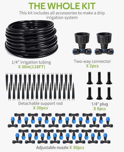 HIRALIY 118FT Drip Irrigation Kit, Quick-Connect Garden Watering System | with 30 Adjustable Misting Nozzles and 1/4 in Tubing for Greenhouse Rows, Hanging Plants, Raised Beds & Patio Gardens - size: 118 feet