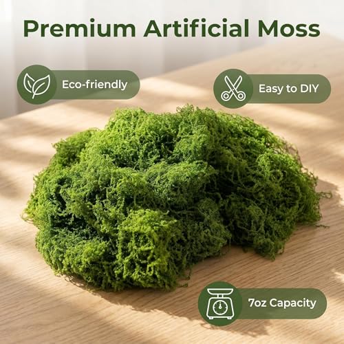 Artificial Moss for Potted Plants Indoor, 7OZ Fake Green Moss, Faux Craft Moss for Terrariums, Fairy Gardens, DIY Crafts, Table Centerpieces, Wedding & Home Decor (Natural Green)