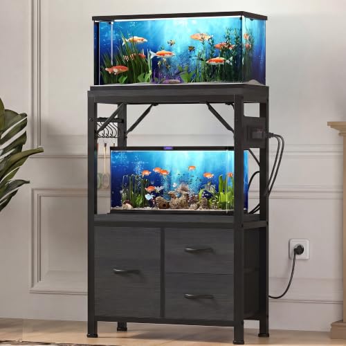 Heybly 5-10Gal Fish Tank Stand with Drawer, Power Outlet,200lbs HAS002SBK-1 | Aquarium Stand,Heavy Duty Metal Frame for Fish Tank, Turtle & Reptile Terrarium, 20.5" × 10.2" Top, Black - color: Black, size: 5-10 gal