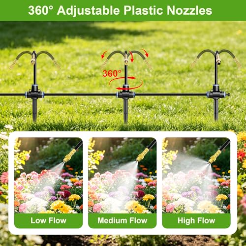 50 FT 360° Adjustable Irrigation System for Garden with Stake Holders | 1/4" Tubing, 12 Nozzles, Automatic Watering Misting System, Sprinkler for Garden, Raised Bed, Lawn, Plants - size: 50FT