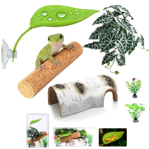 Crested Gecko Tank Accessories, Reptile Decor,Reptile Hanging Plants Vines with Coconut Shell Ladder Hideout Hermit Crab Decor for Lizard, Chameleon Cage, Snakes, Hermit Crab, Leopard Gecko (Decor-1)