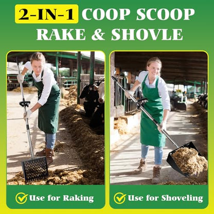 Chicken Poop Scooper, 2-in-1 Metal Chicken Coop Scoop for Sand with 22 to 64" Adjustable Handle, Multifunctional Rake & sifting Shovel Cleaning Tools for Chicken Scoop, Animal Farm, Duck Coop