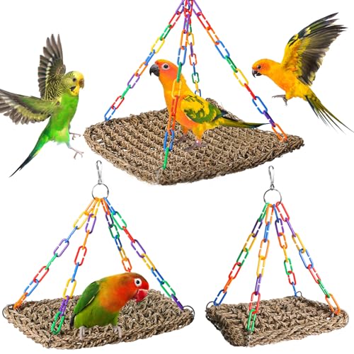 Reptile Hammock Lizard 、Parrot Basking Platform, Size S | Aquarium Grass Woven, Rainbow Chain Hammock, Bird Perch Swing Toy, Climbing Ladder for Bearded Dragon Gecko Chameleon - size: S