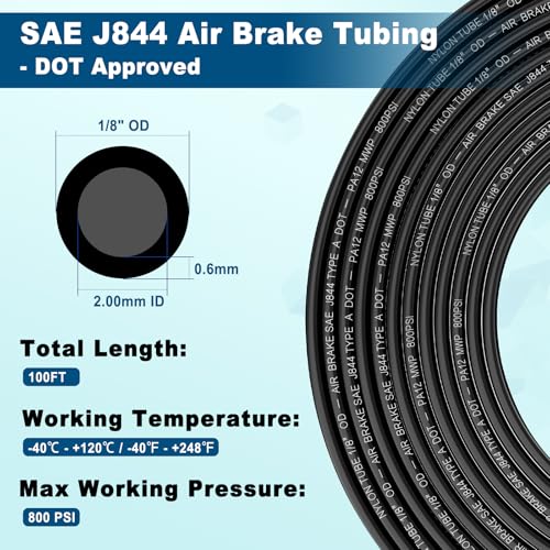 1/8" DOT Air Line, 100FT SAE J844 PA12 Nylon Air Tubing with Cutter | 1/8" DOT-Approved Brake Line, Flexible PA12 Nylon Tubing for Air Suspension Kit, Truck Trailer Brake System & Fluid Transfer - size: 1/8" OD 100FT