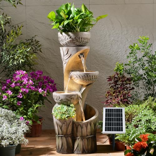 35.6" Solar Outdoor Water Fountain - Relief Leaf Design 4 Tiers Modern Cascading Bowls and Garden Fountains with Lights for Patio, Deck, Porch, Lawns, Backyard and Home Art Decor - color: Dirty White 35.6" Solar Powered